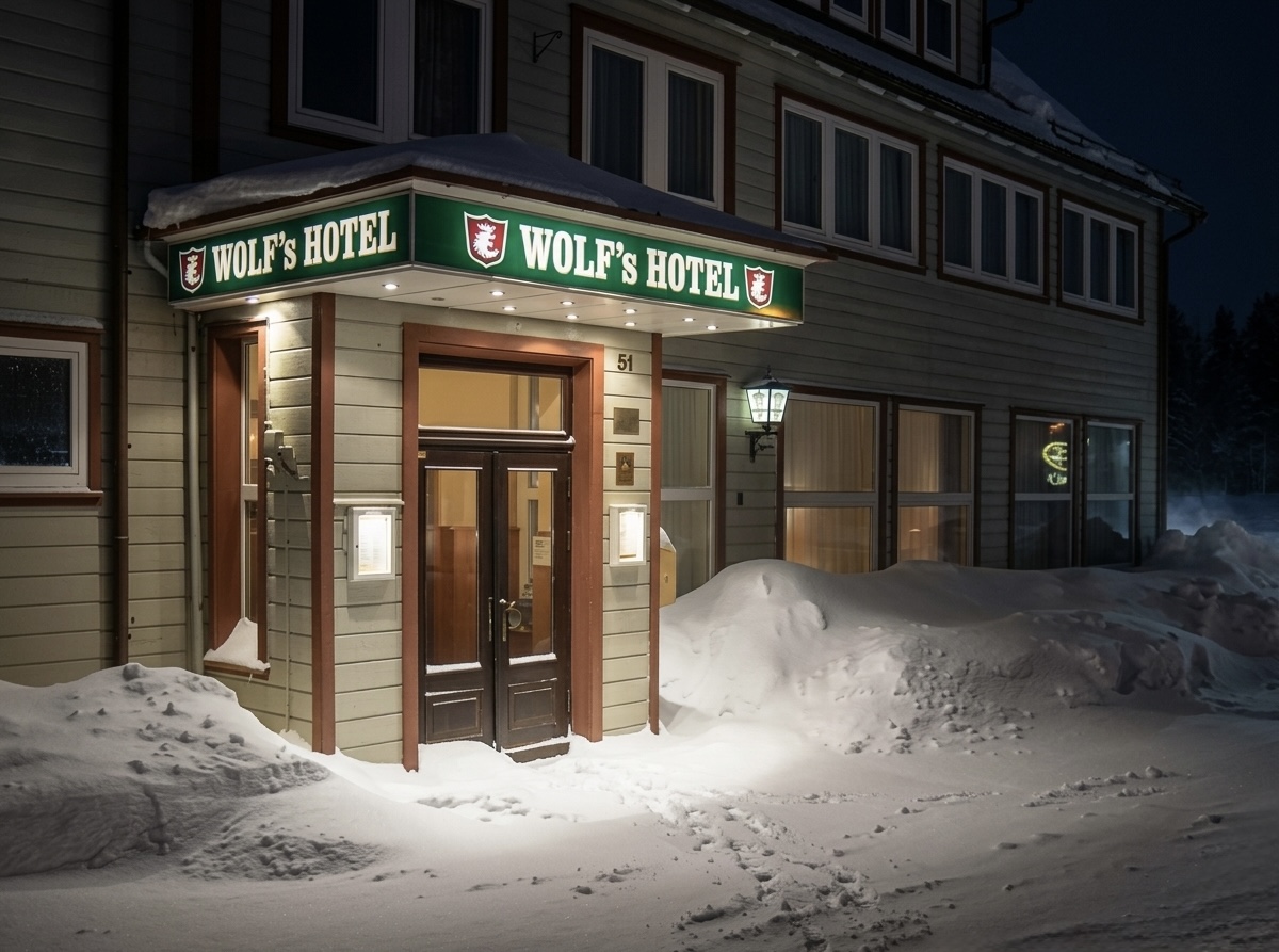 Wolfs Hotel Eingang im Winter